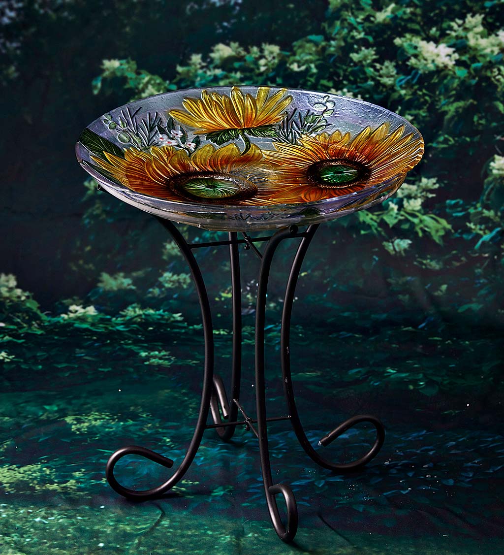 Glass Harvest Sunflower Solar Birdbath and Stand