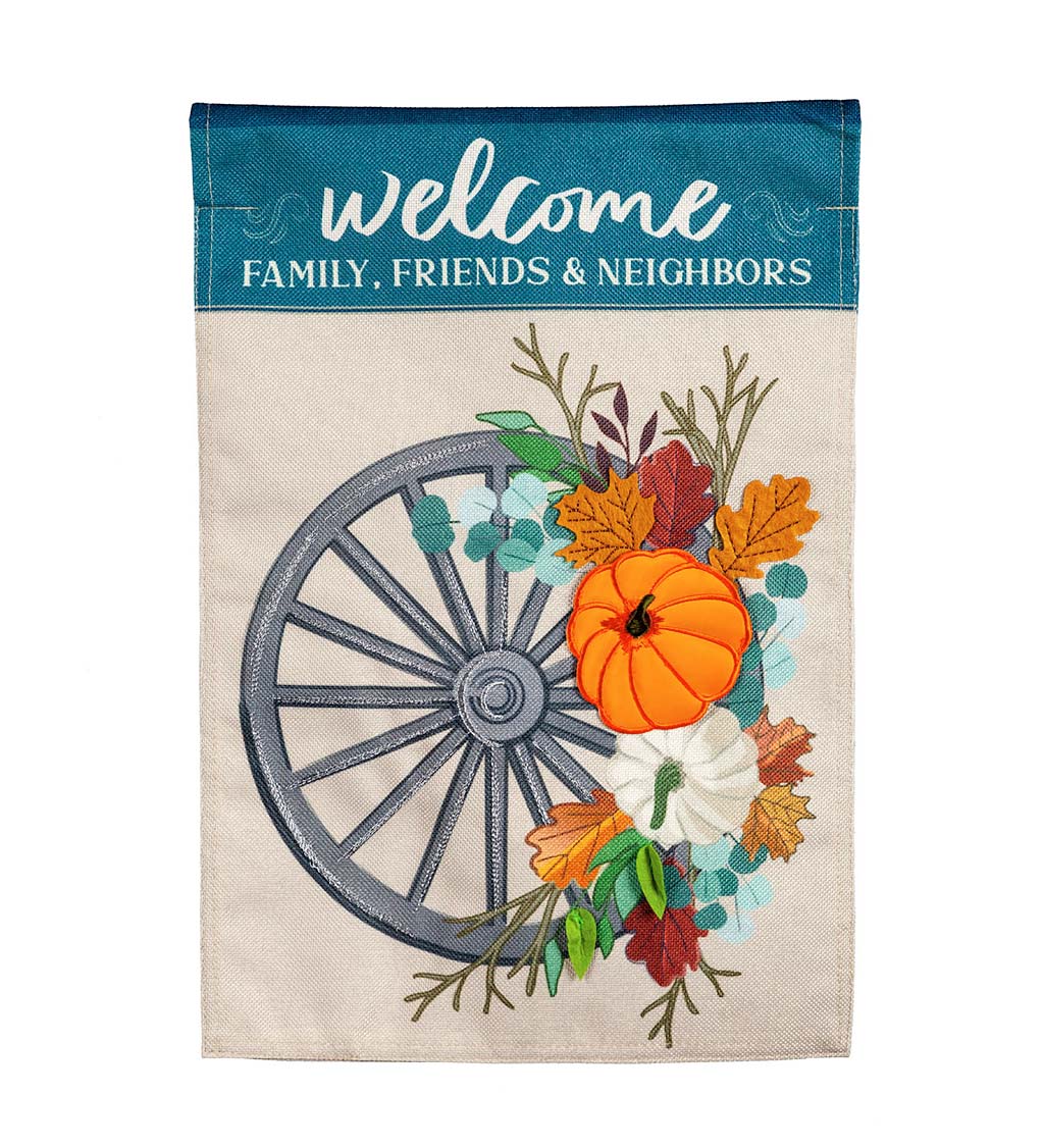 Welcome Wagon Wheel Burlap House Flag