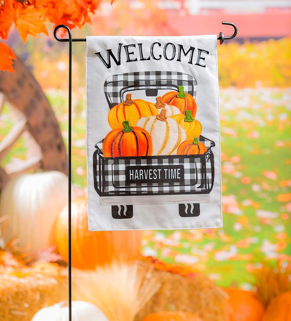 Pumpkin Plaid Truck Burlap Garden Flag