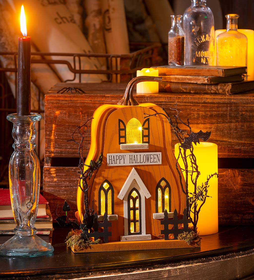 Wooden LED Halloween Haunted Pumpkin House Table Décor