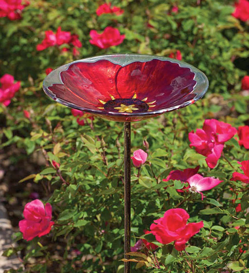 Ruby Pansy Glass Birdbath with Stake