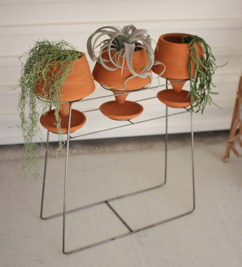 Modern Metal Console Plant Stand with Natural Clay Funnel Pots, Set of 3