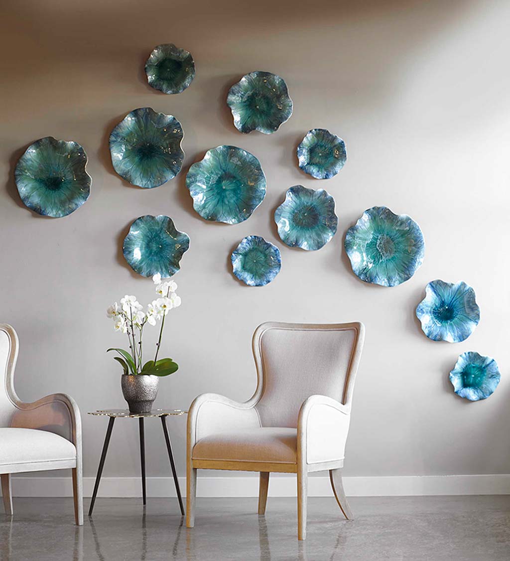 Blue Ceramic Flower Blooms Wall Art, Set of 3