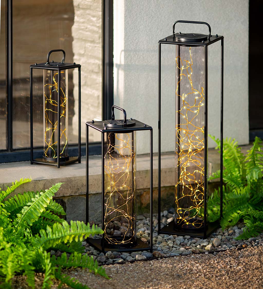Glass Firefly Solar Lantern With String Lights, Medium - Black