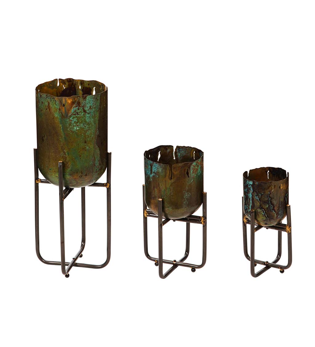 Metallic Patina-Finish Standing Planters, Set of 3