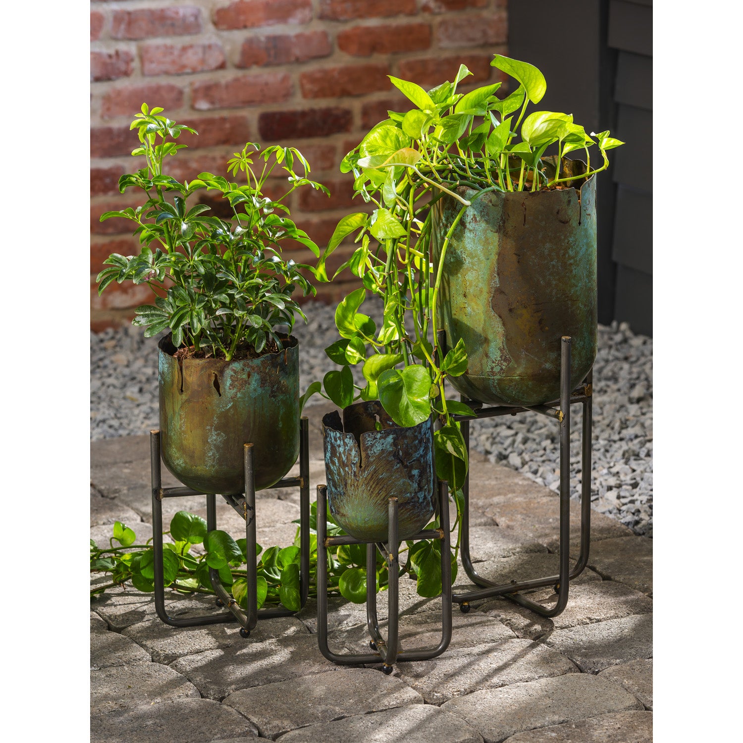 Metallic Patina-Finish Standing Planters, Set of 3