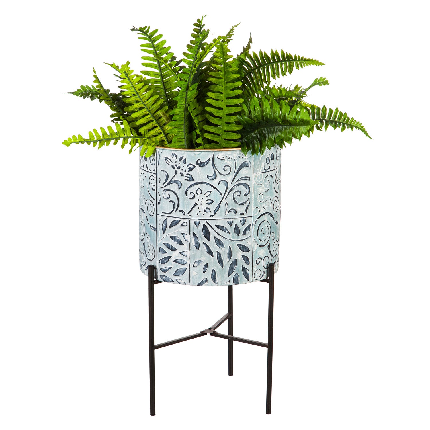 Embossed and Painted Metal Standing Planters, Set of 3