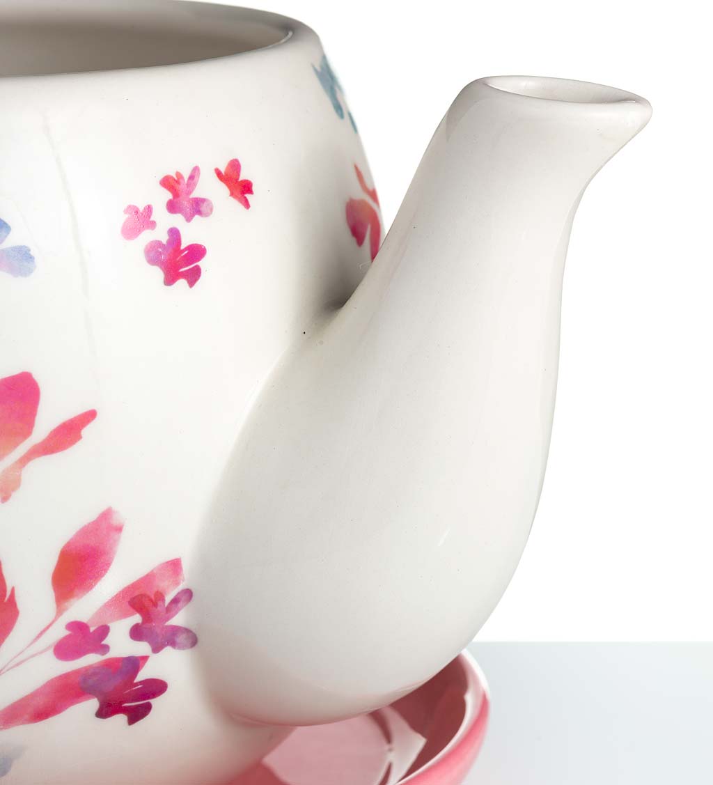 Indoor/Outdoor Ceramic Floral Tea Pot Planter with Saucer