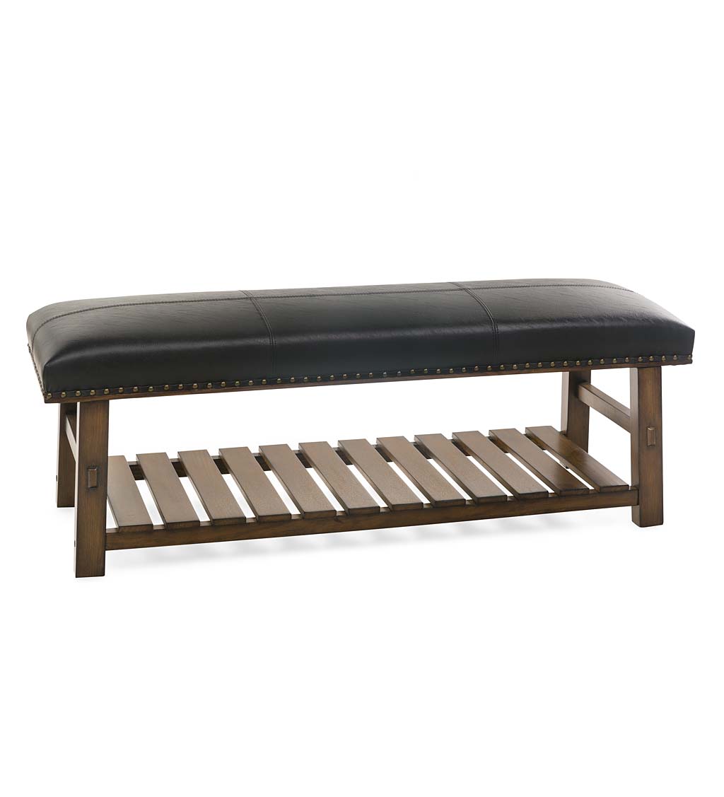 Canyon Black Leather and Wood Bench with Slatted Bottom Shelf