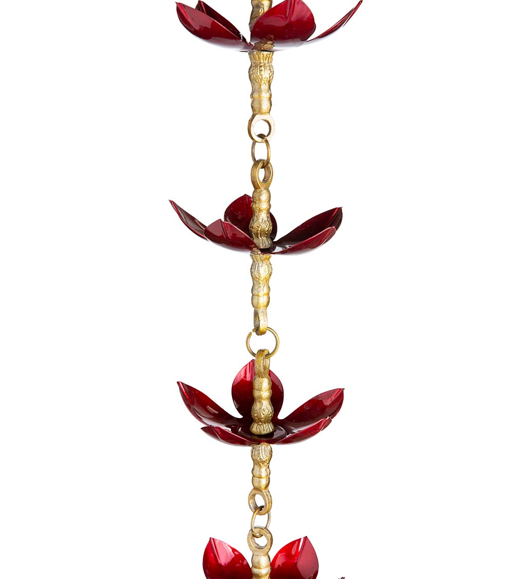 Handcrafted Steel and Aluminum Flower Rain Chain in Brass and Metallic Red Colors