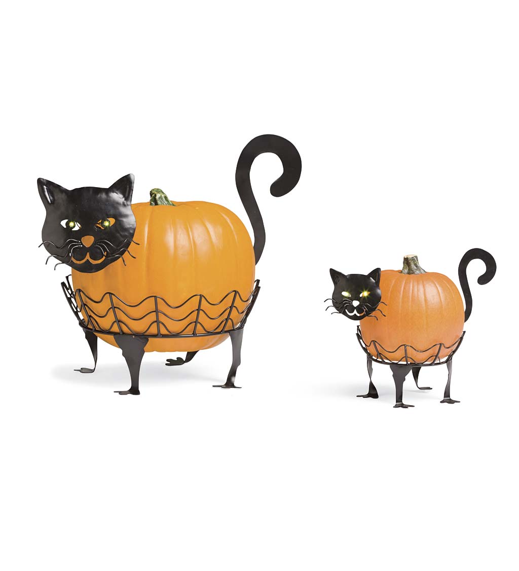 Halloween Cat Pumpkin Holders with Green LED Eyes, Set of 2