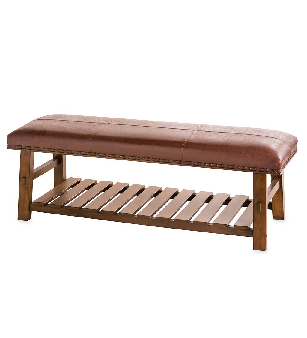 Canyon Brown Leather and Wood Bench with Slatted Bottom Shelf