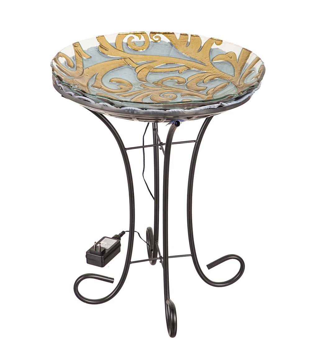 Hand-Painted Golden Scroll Glass Bird Bath with Heater and Stand
