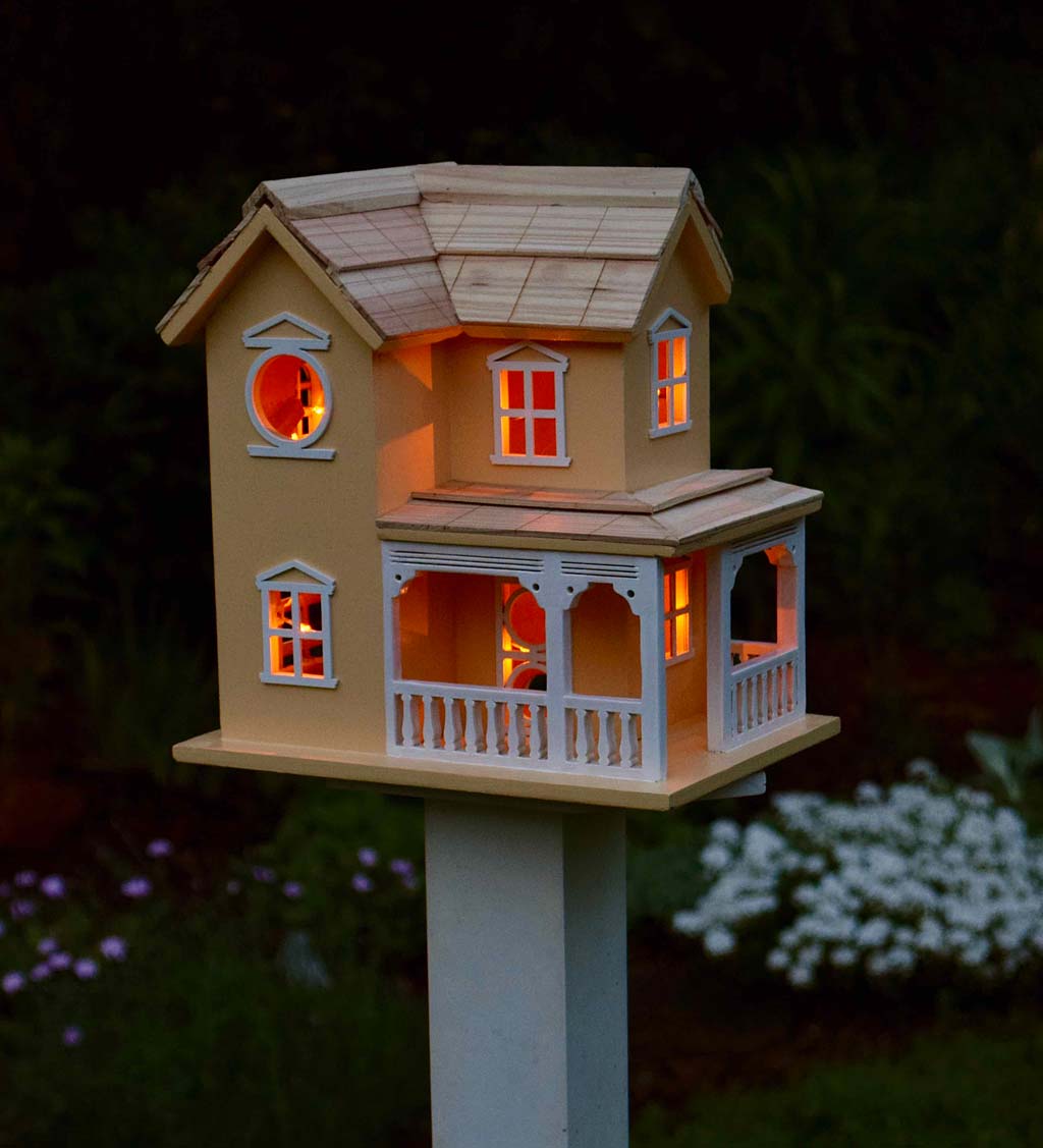 Prairie Farmhouse Lighted Birdhouse and Optional Wood Pole