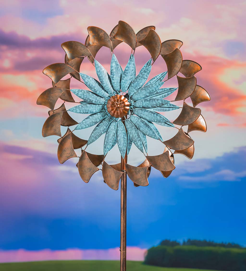 Blue Verdigris and Copper Flower Wind Spinner
