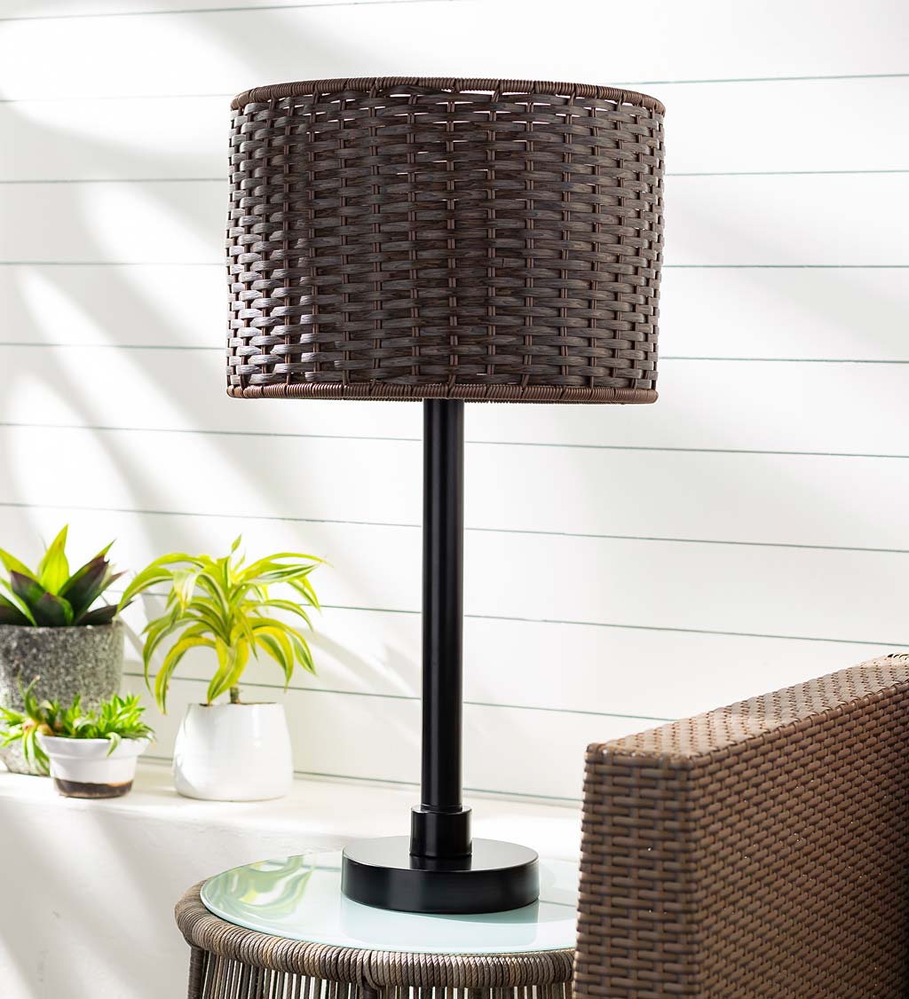 Weatherproof Outdoor Table Lamp with Wicker Shade - Brown