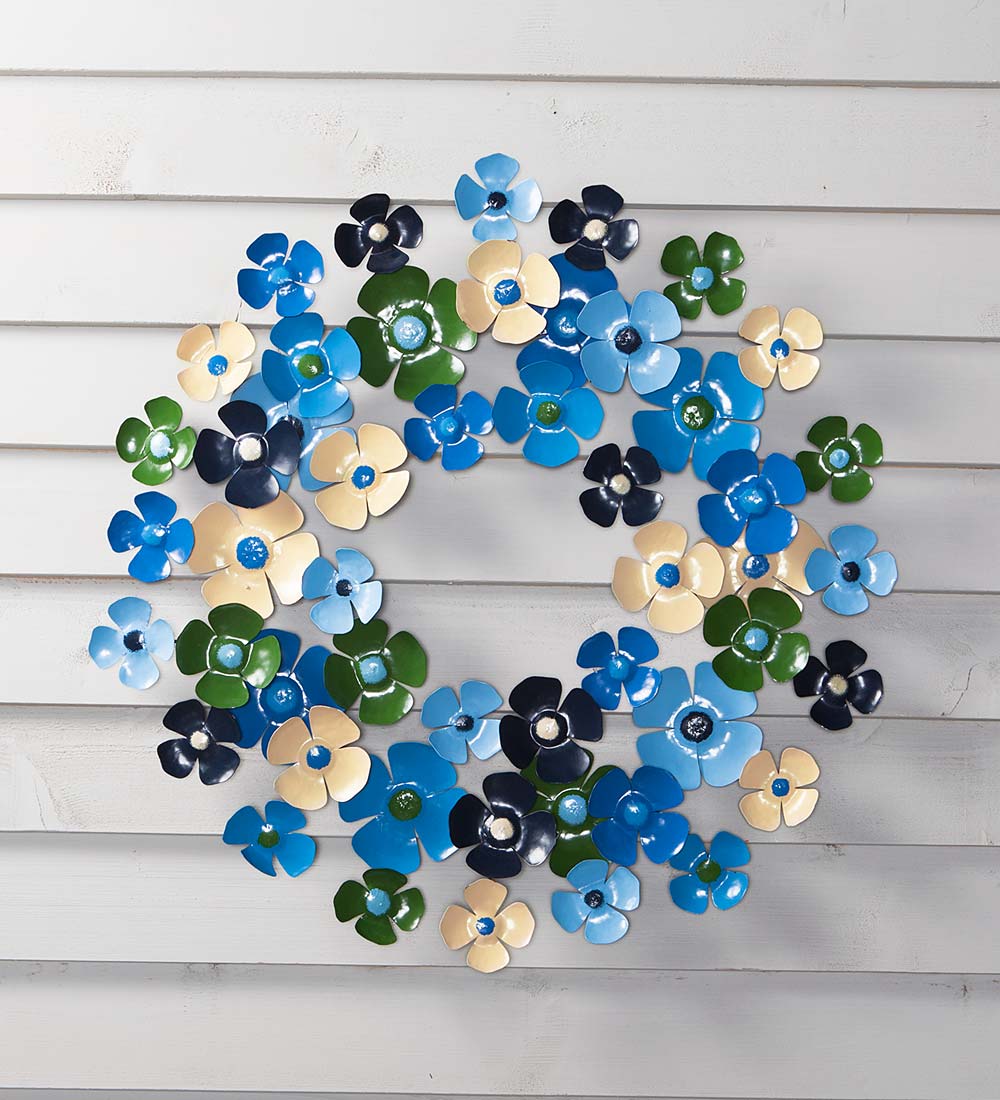 Blue Floral Metal Wreath