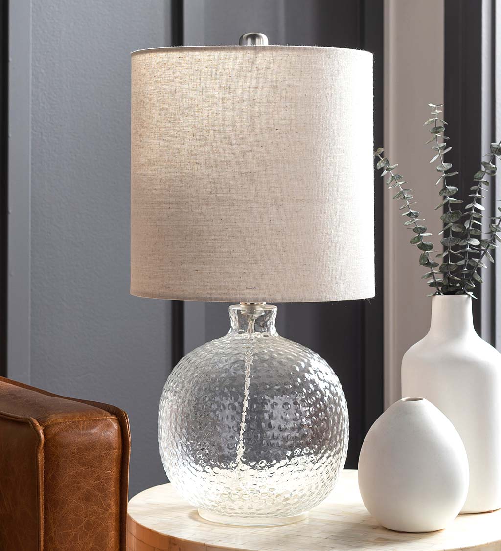 Textured Bubble Glass Table Lamp with Beige Linen Shade