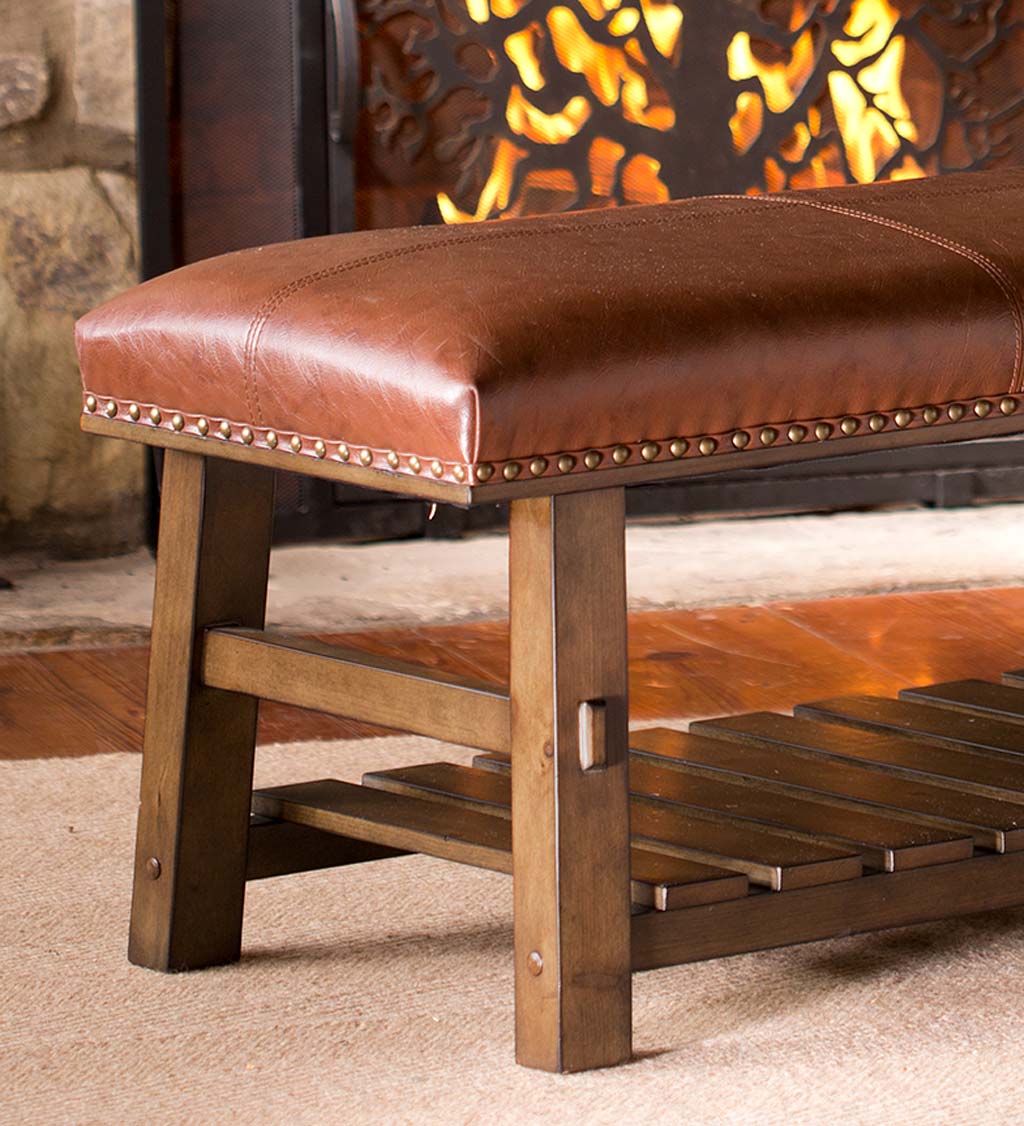 Canyon Brown Leather and Wood Bench with Slatted Bottom Shelf