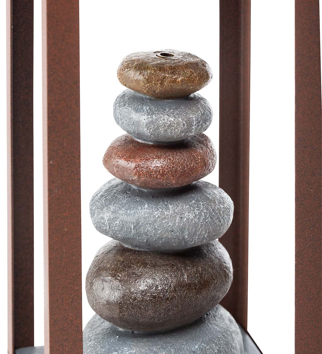 Freestanding Electric Lighted Fountain with River Rock Cairn and Planter