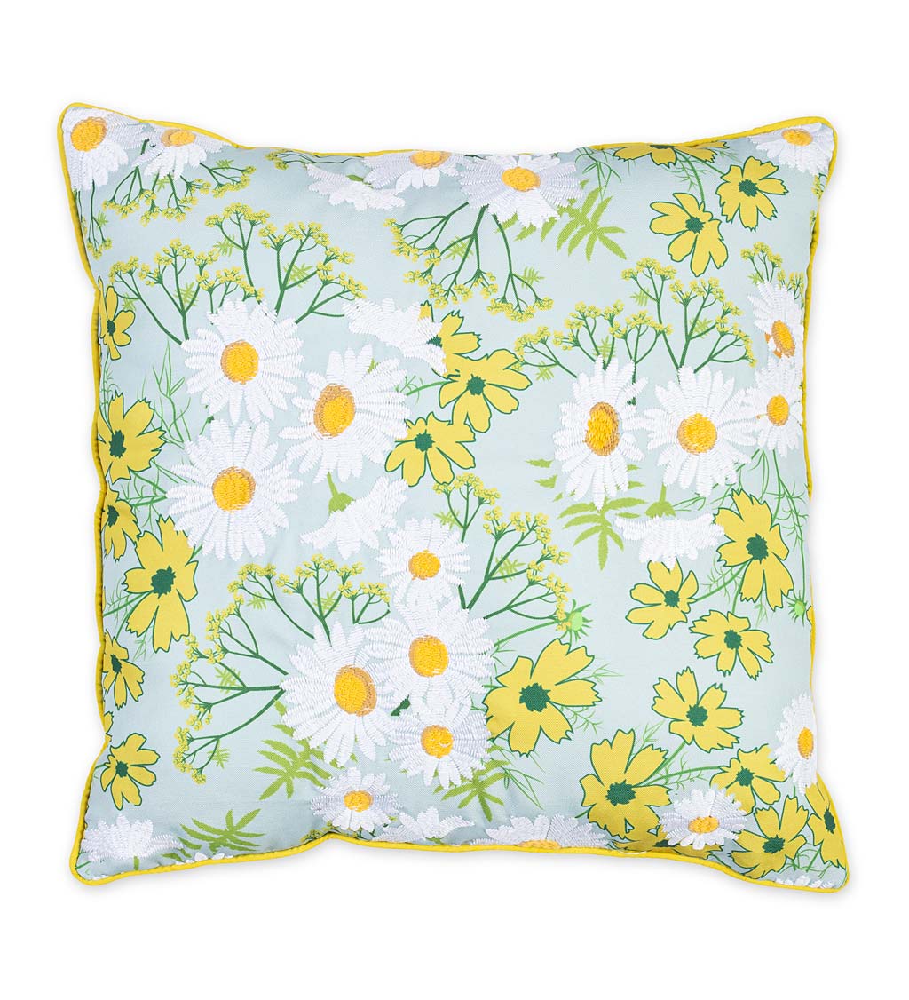 Indoor/Outdoor Summer Floral Print Pillow with Embroidery