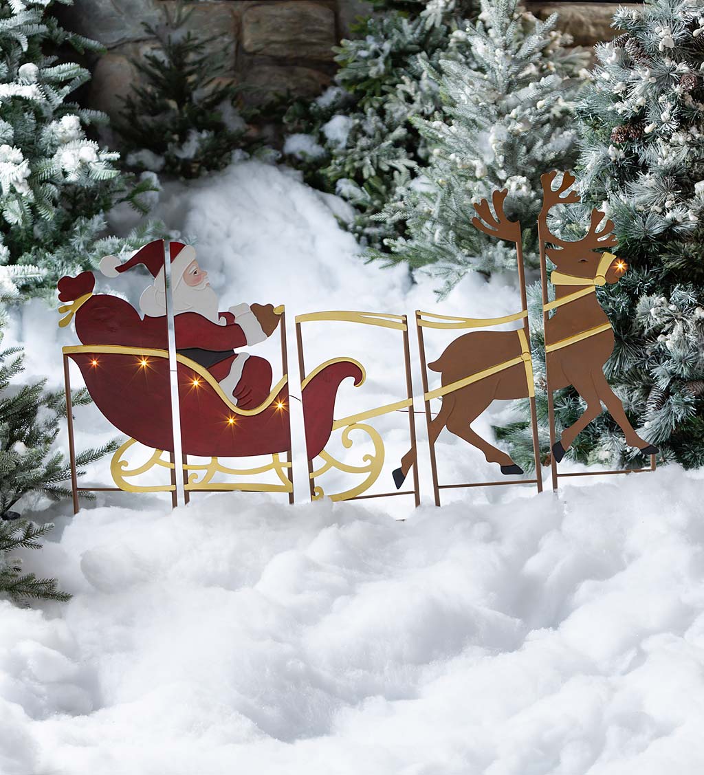 Santa, Sleigh and Reindeer Lighted Landscape Panel Stakes, Set of 5