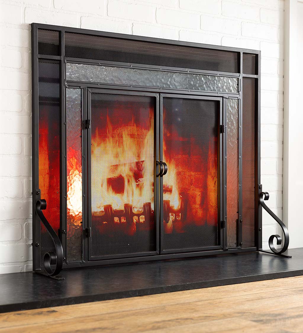 Steel Fire Screen with Two Doors and Tempered Glass Accents