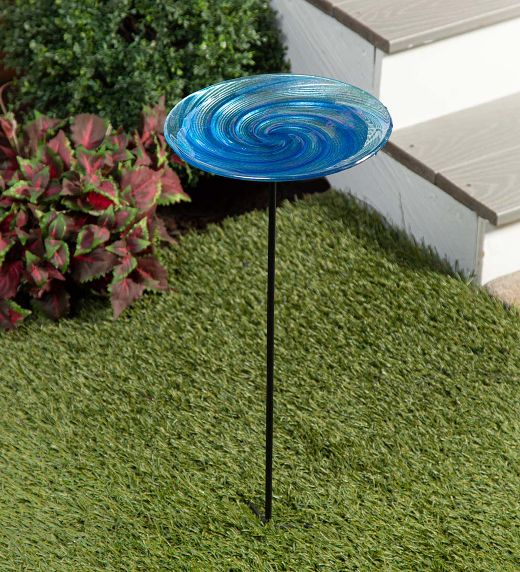 Blue Swirl Glass Birdbath Garden Stake