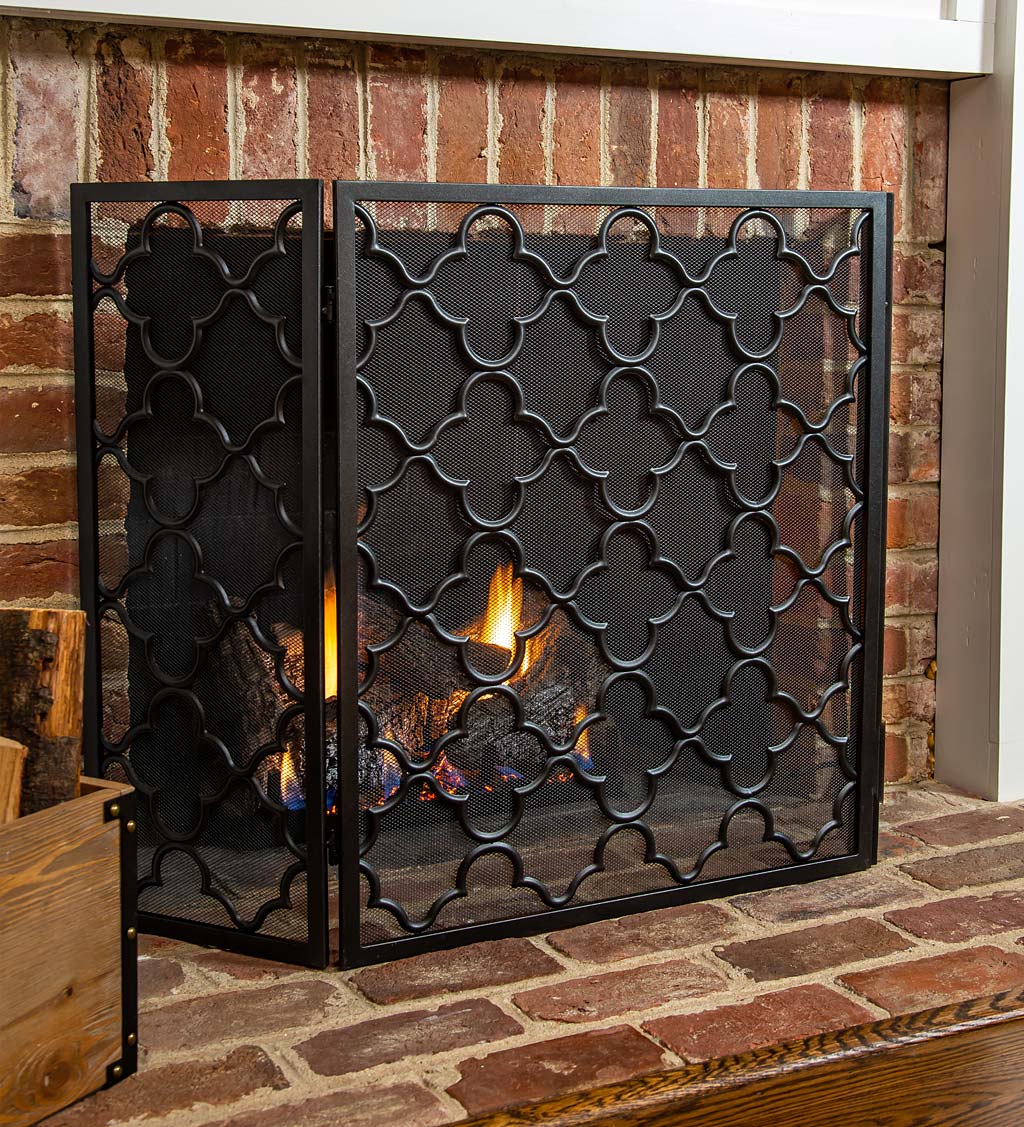Tri-Fold Geometric Fireplace Screen and Spark Guard