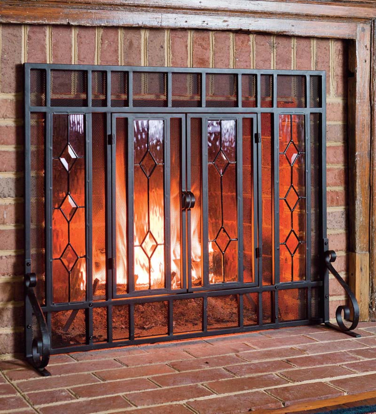 38 W X 31 H Beveled Glass Diamond Fireplace Screen With Powder Coated Tubular Steel Frame