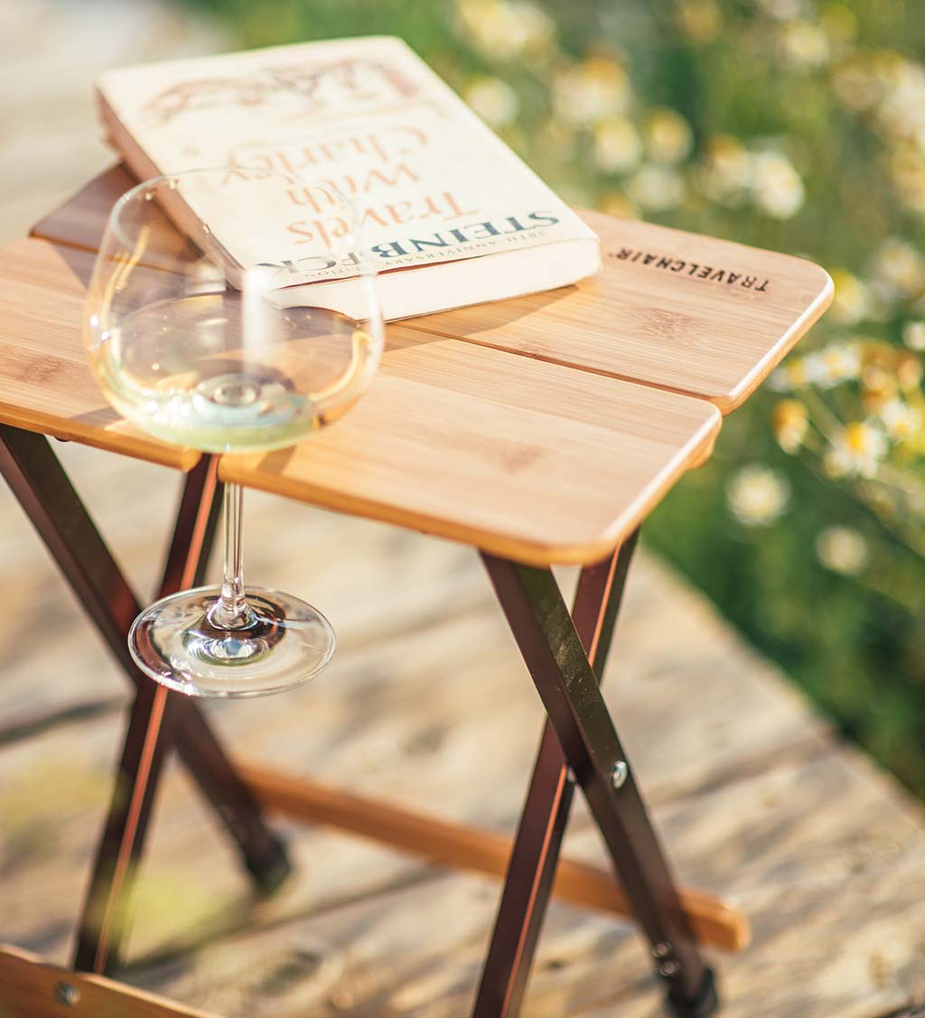Bamboo Folding Camp Side Table with Wine Glass Holder - Bamboo/Bronze