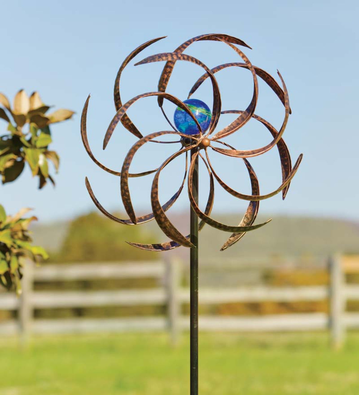 Metal Wisp Wind Spinner With Glowing Glass Orb