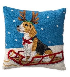 Hooked Wool Beagle On Sled Holiday Throw Pillow