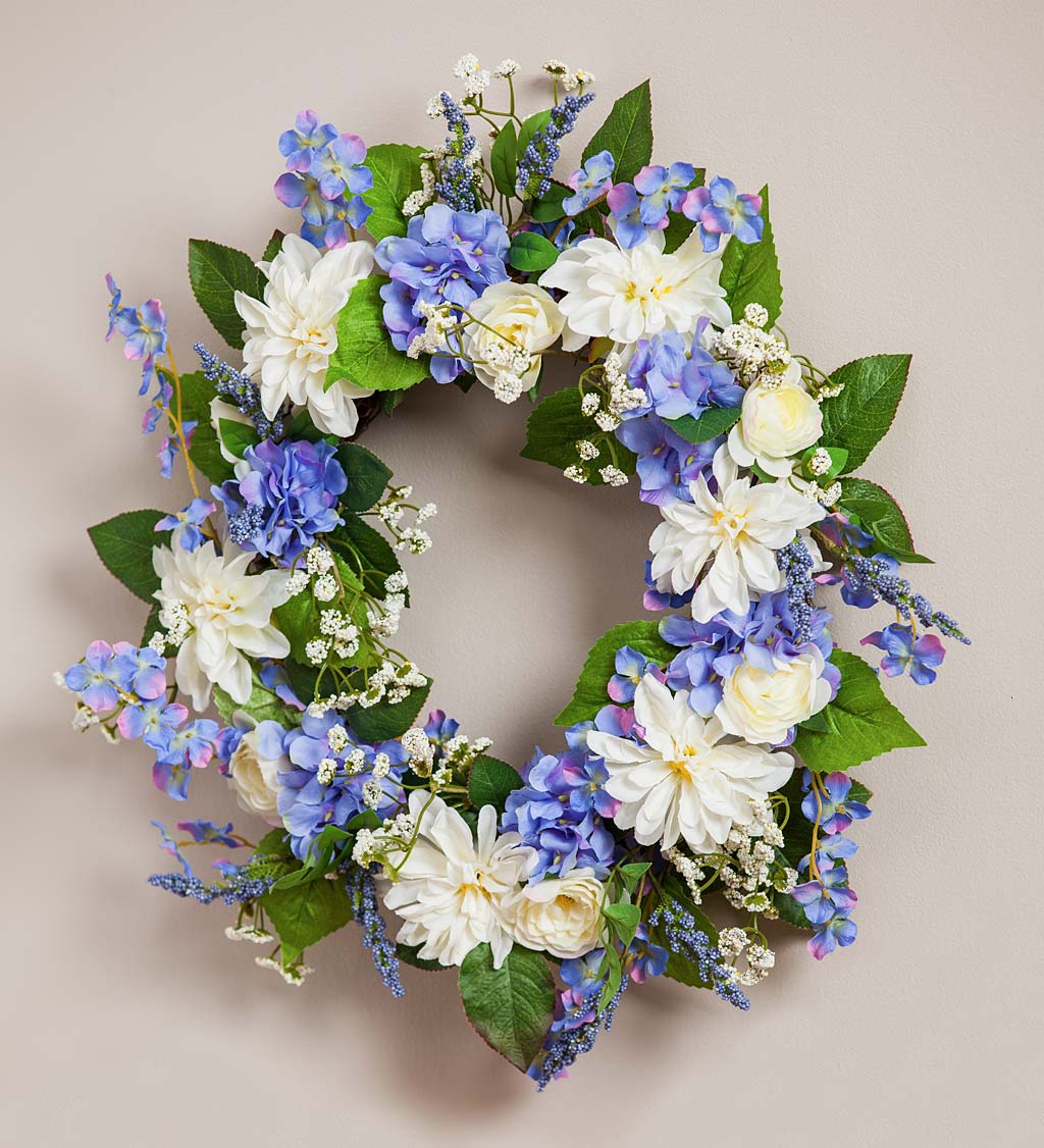 Blue Hydrangea and White Roses Faux Floral Wreath