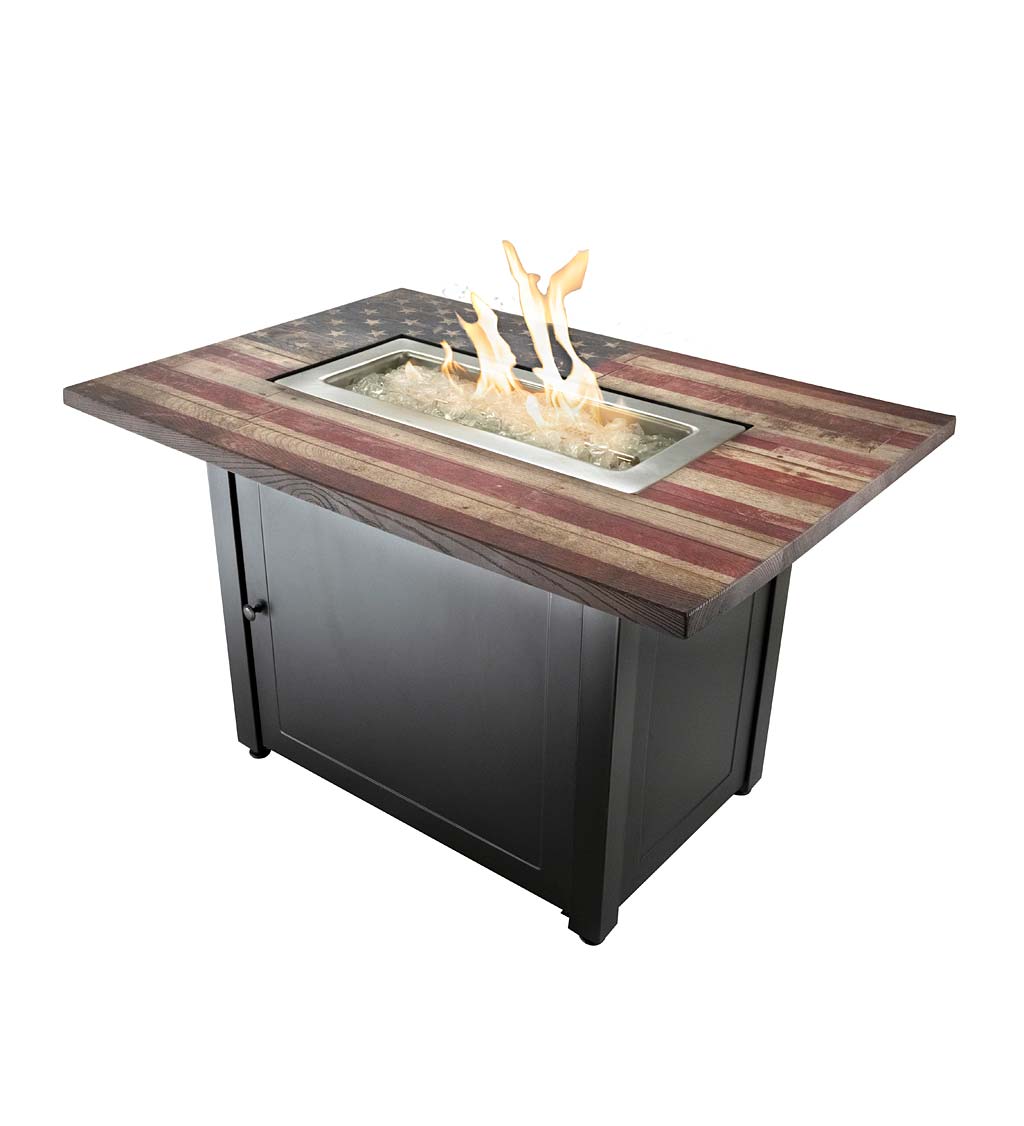 Americana Propane Gas Fire Pit with Faux Wood Tabletop and Glass Rocks