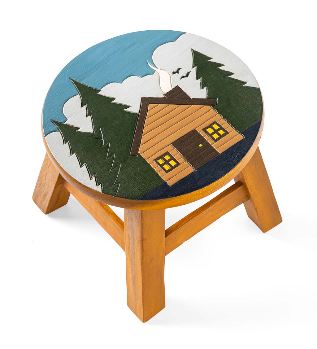 Hand-Carved Acacia Wood Cabin Footstool