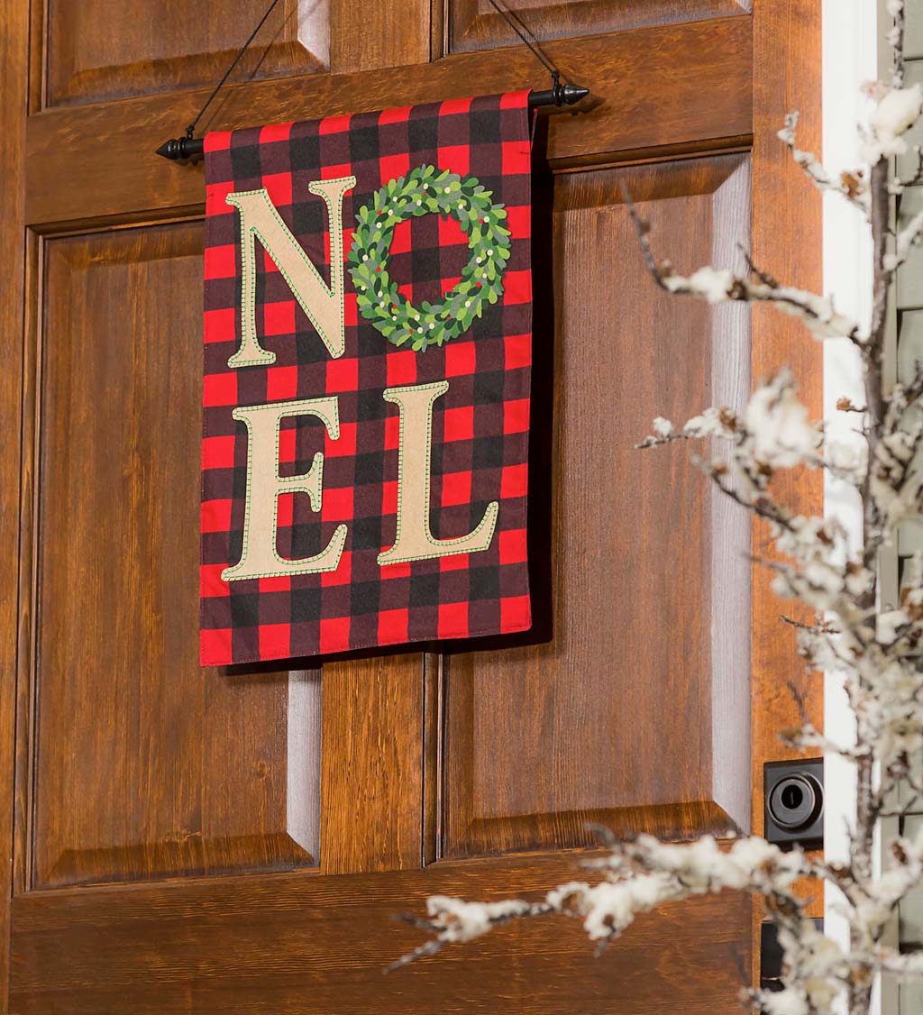 Noel Buffalo Check Plaid Linen Garden Flag with Wreath Accent