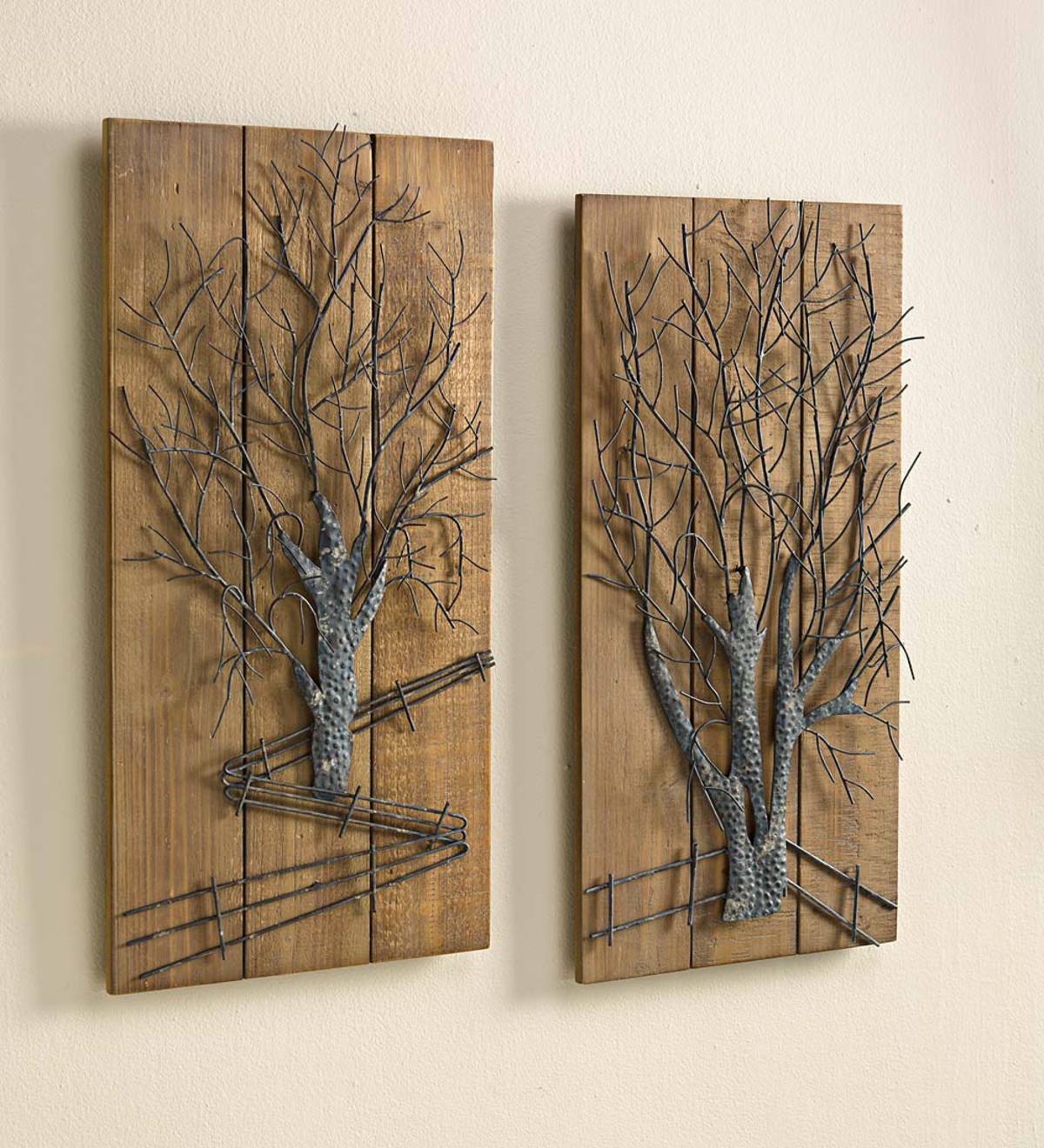 Metal Tree on Wooden Wall Art, Set of 2