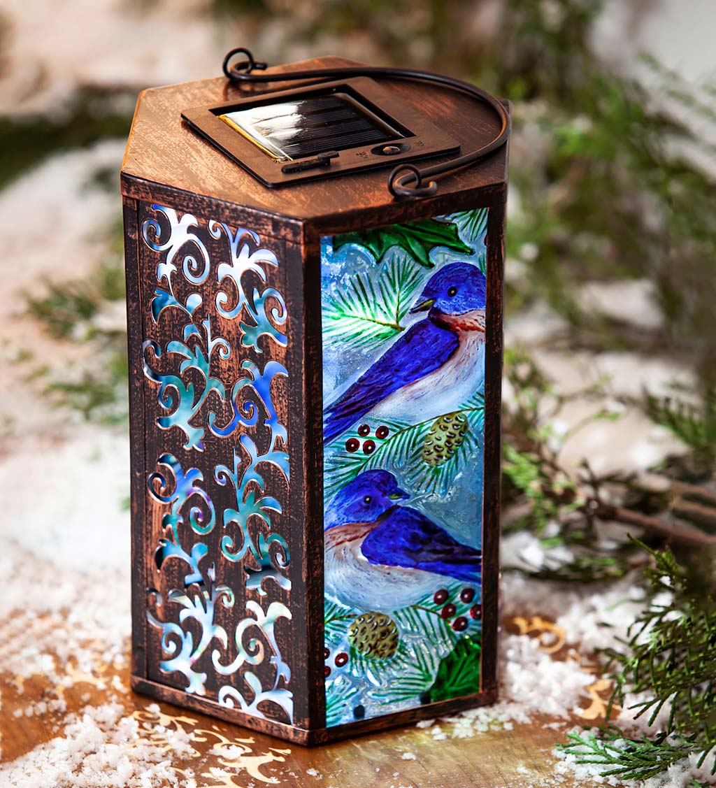Hand-Painted Bluebird Embossed Glass Solar Lantern