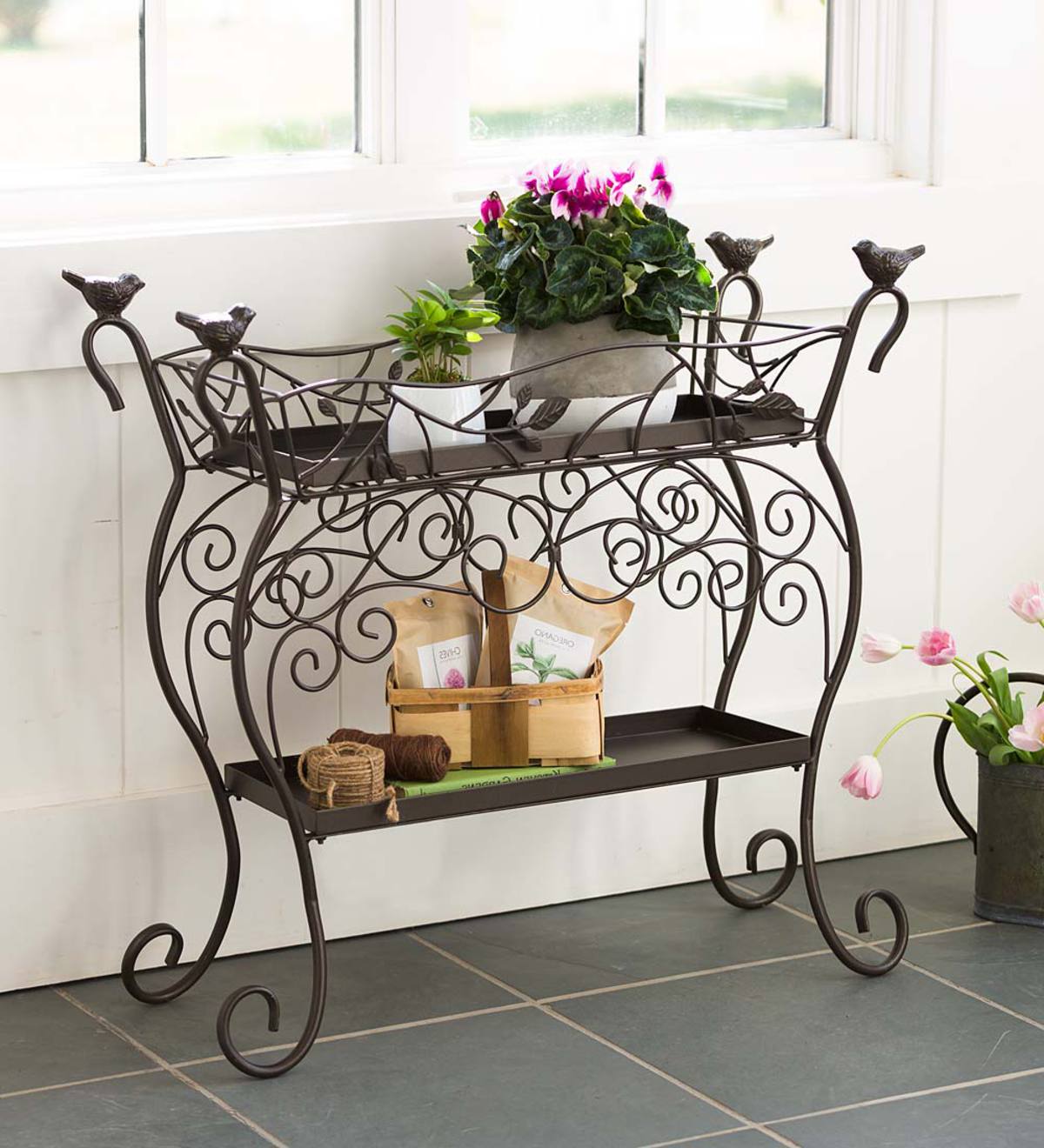 Two-Shelf Cast Iron Plant Stand with Birds