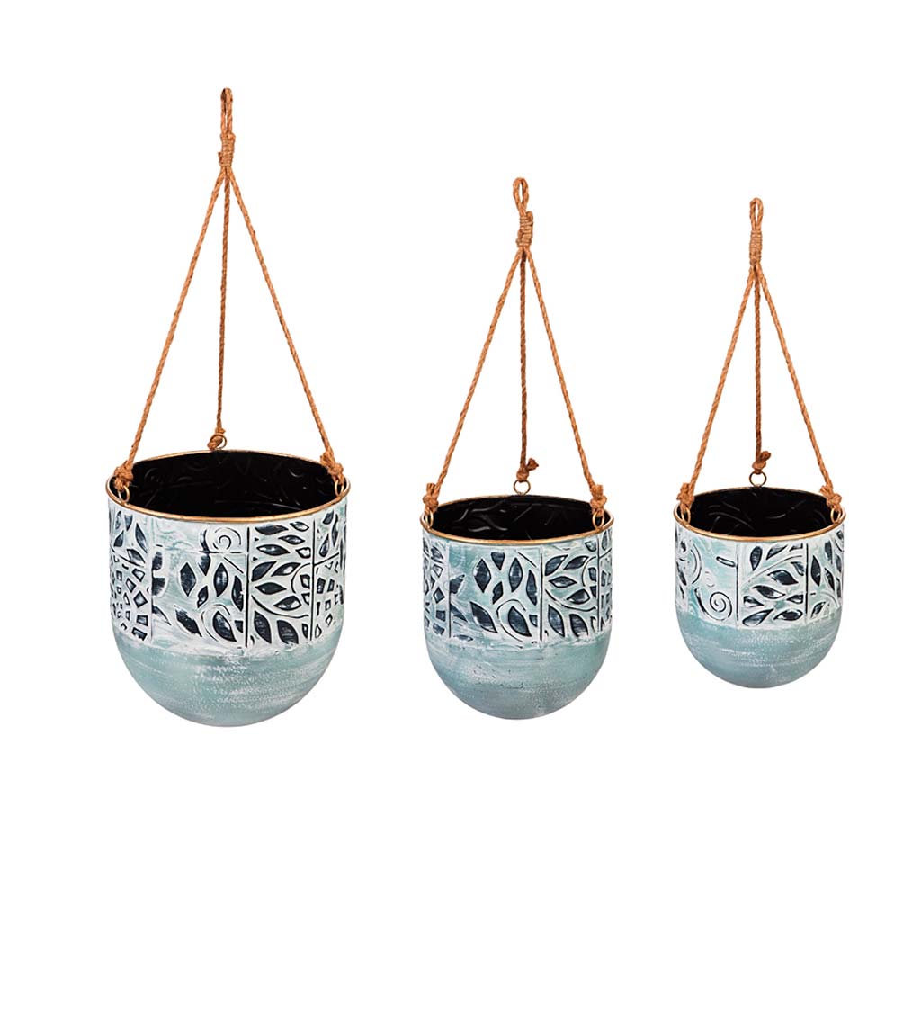 Embossed and Painted Metal Hanging Planters, Set of 3