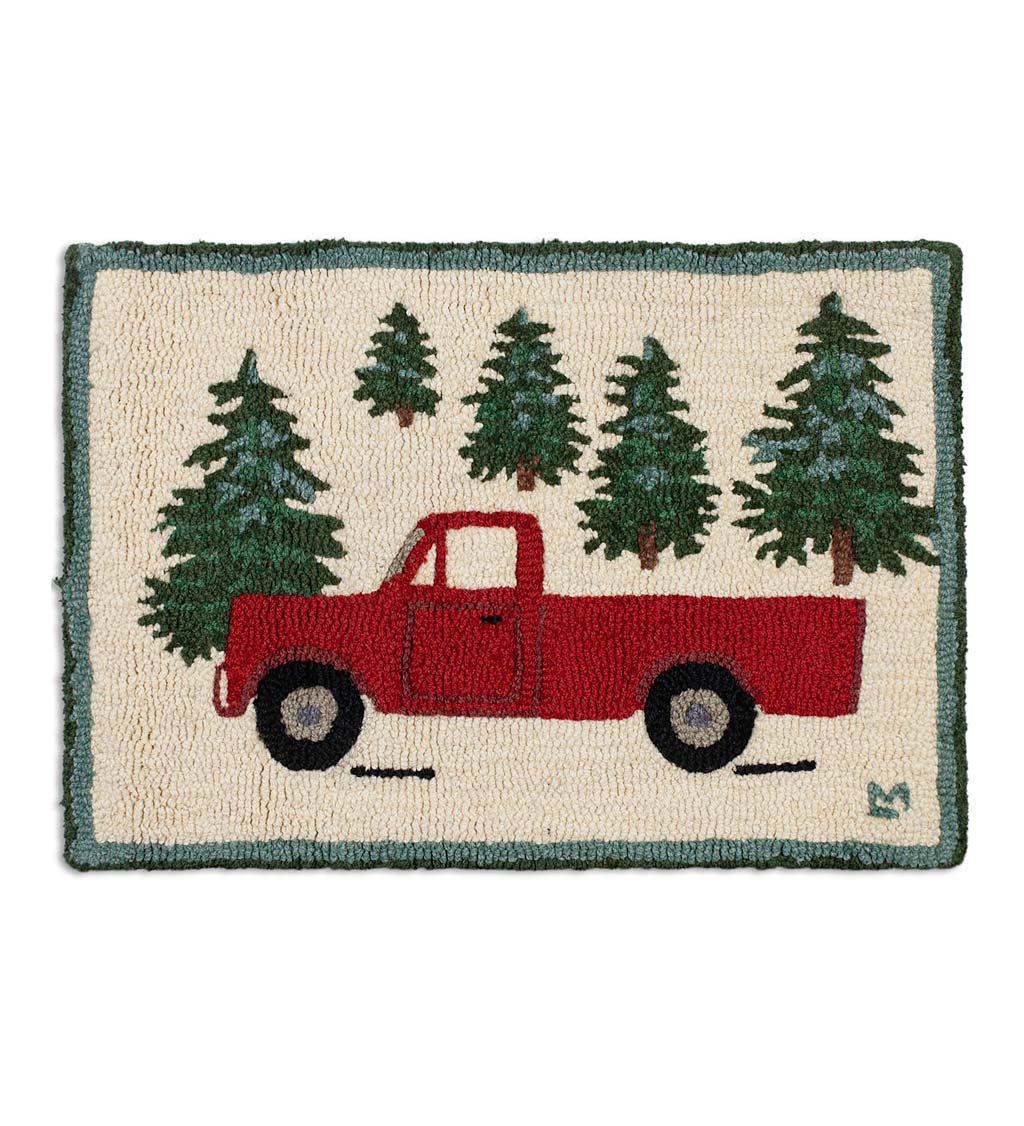 Hooked Wool Red Pickup Truck in Evergreen Forest Accent Rug