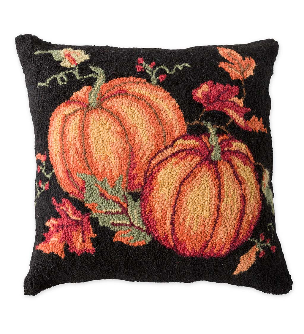 Hand-Hooked Wool Fall Pumpkins Throw Pillow