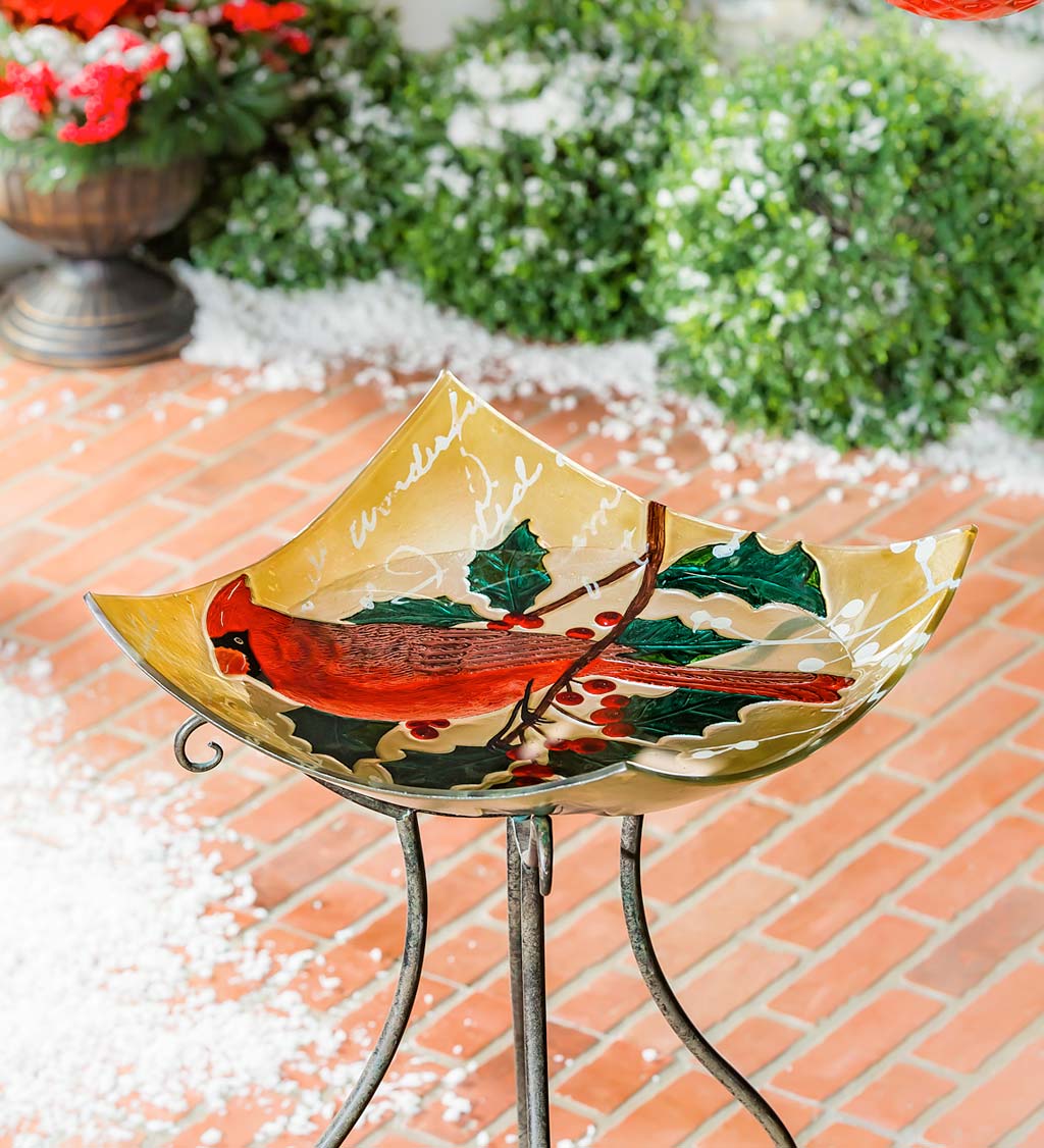 Hand-Painted Holiday Cardinal Embossed Square Glass Bird Bath