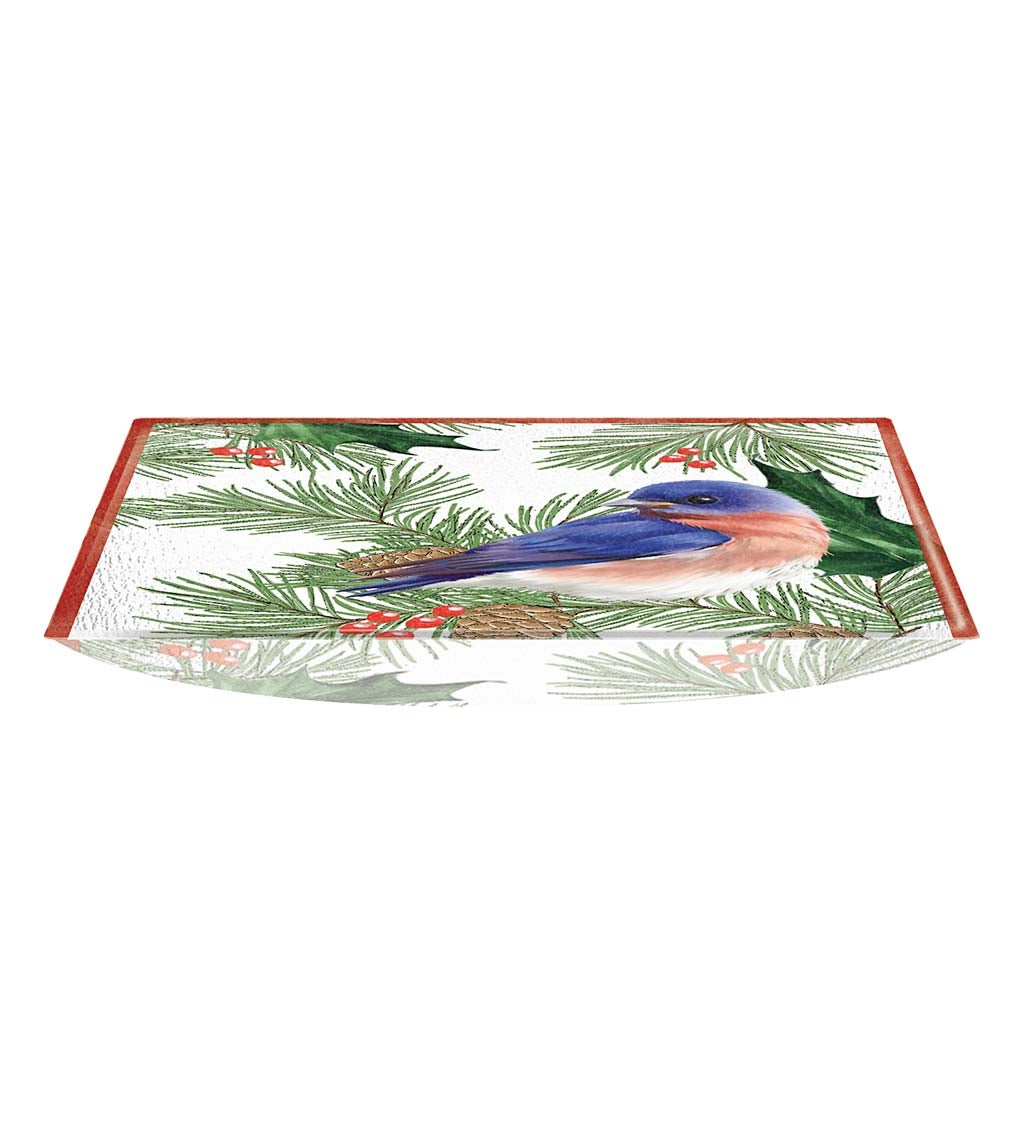 Hand-Painted Holiday Blue Bird Embossed Square Glass Bird Bath