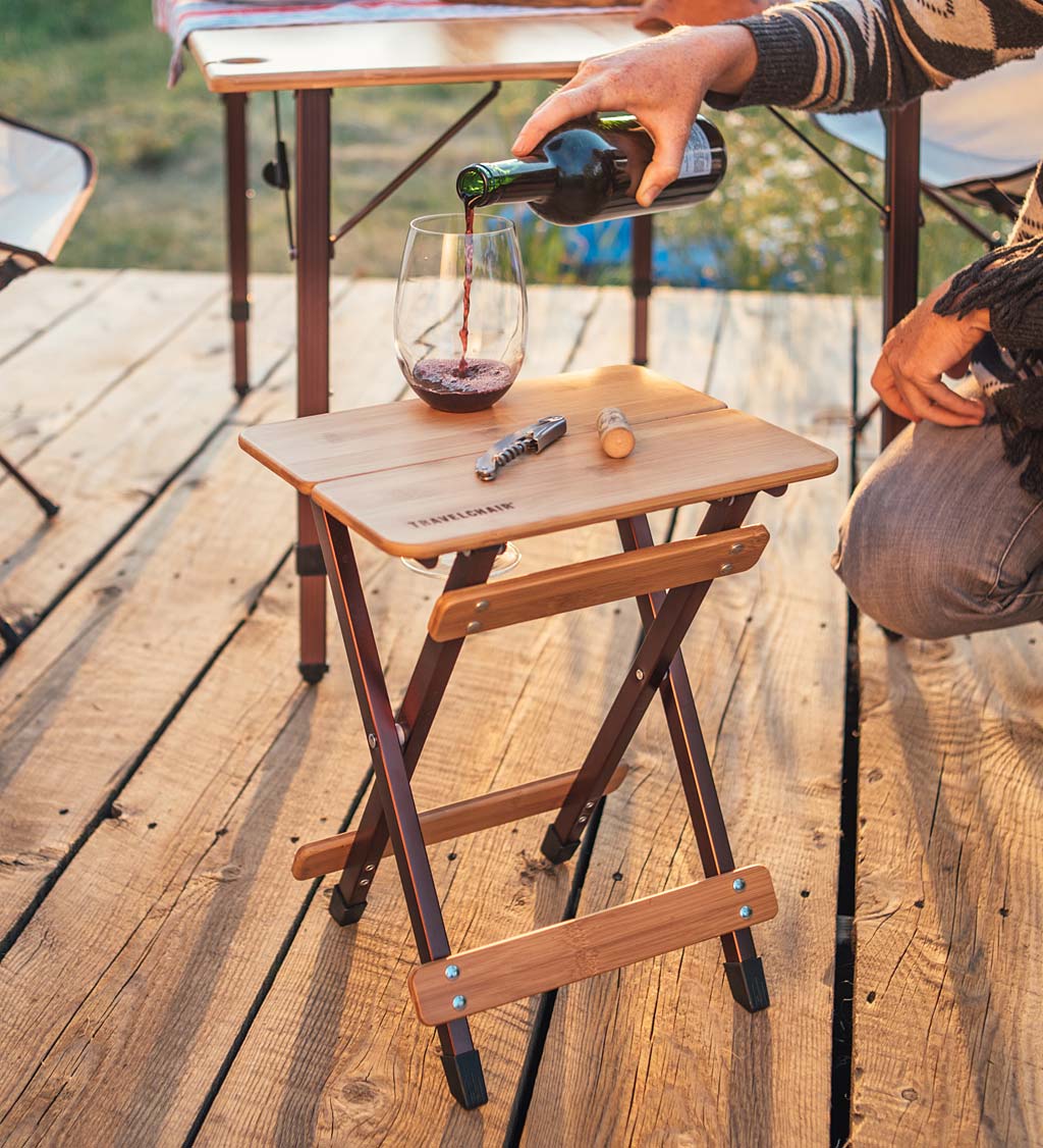 Bamboo Folding Camp Side Table with Wine Glass Holder - Bamboo/Bronze