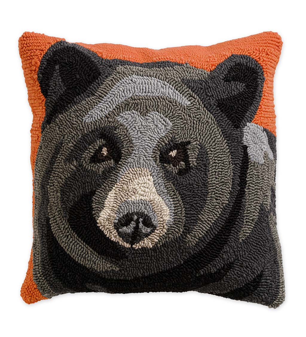 Indoor/Outdoor Hooked Polypropylene Bear Throw Pillow