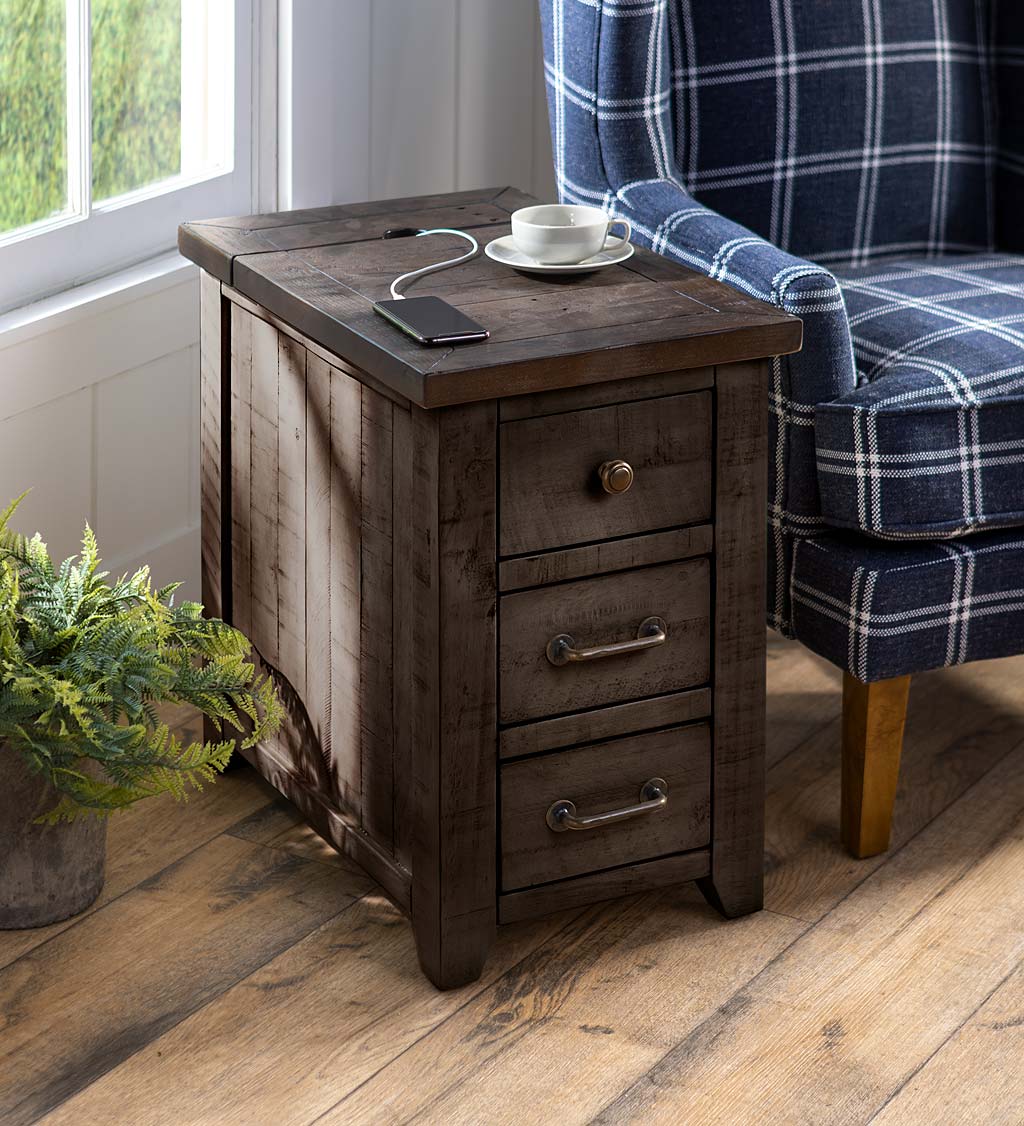 Cape Charles Reclaimed Barnwood Power Station Side Table with USB Ports