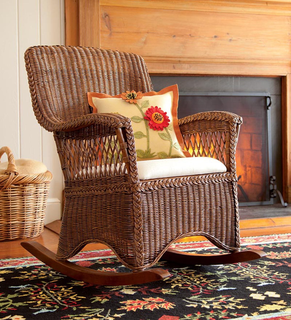 Classic Wicker Rocking Chair With Seat Cushion | PlowHearth