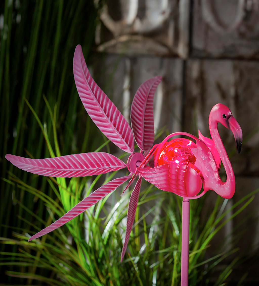 Solar Flamingo Metal Wind Spinner with Glass Orb